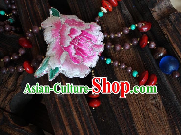 Chinese Handmade Miao Nationality Embroidered Pink Peony Necklace Traditional Minority Ethnic Beads Tassel Necklet Accessories for Women