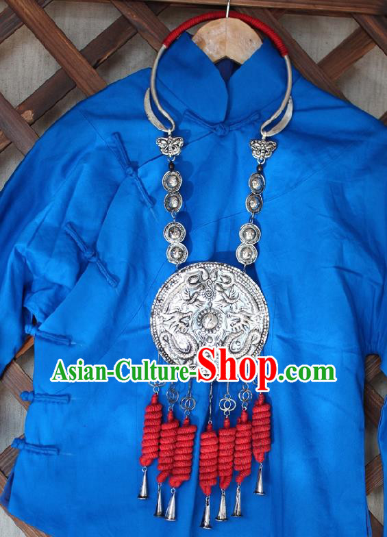 Chinese Handmade Miao Nationality Red Sennit Tassel Necklace Traditional Minority Ethnic Silver Carving Dragon Necklet Accessories for Women