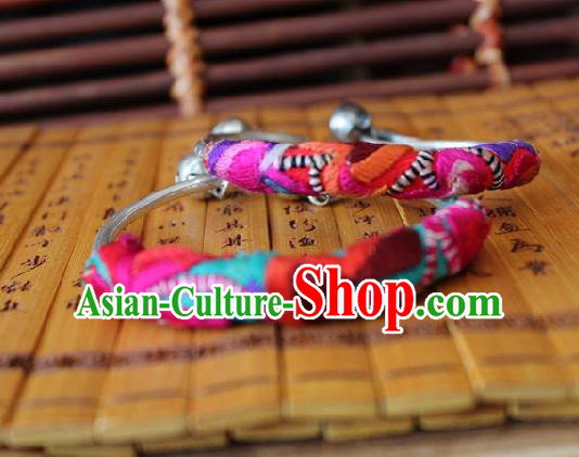 Chinese Handmade Miao Ethnic Embroidered Bangle Accessories Traditional Minority Silver Bracelet for Women
