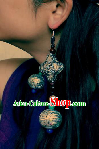 Chinese Handmade Miao Nationality Silver Large Earrings Traditional Minority Ethnic Carving Ear Accessories for Women