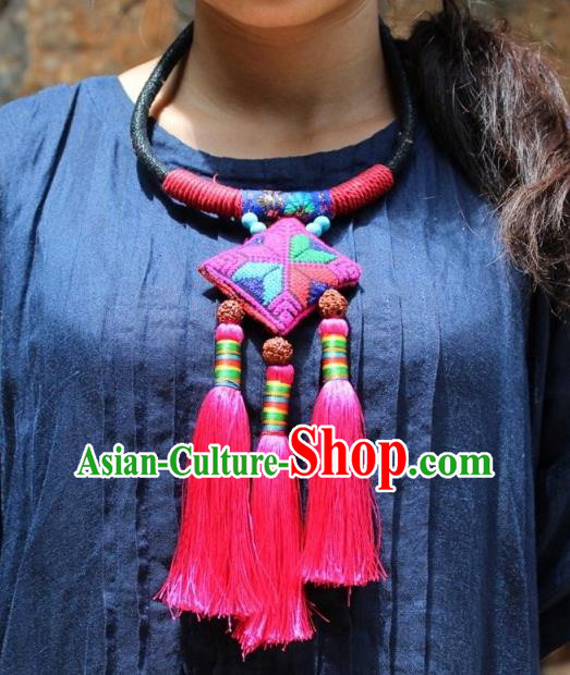 Chinese Handmade Miao Nationality Rosy Tassel Necklace Traditional Minority Ethnic Folk Dance Embroidered Necklet Accessories for Women