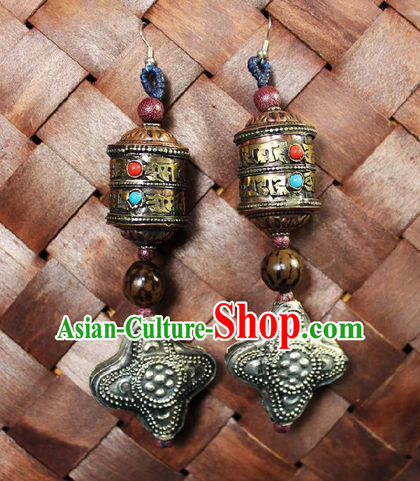 Chinese Handmade Miao Nationality Retro Earrings Traditional Minority Ethnic Carving Silver Prayer Wheel Ear Accessories for Women