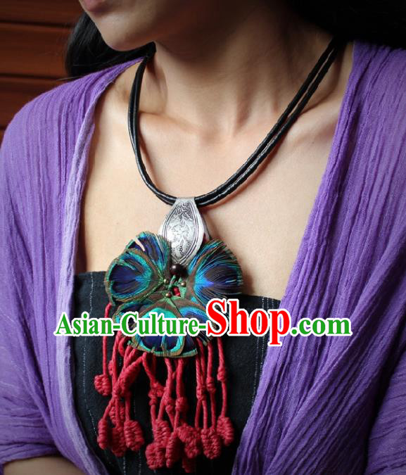 Chinese Handmade Miao Nationality Feather Necklace Traditional Minority Ethnic Tassel Necklet Accessories for Women