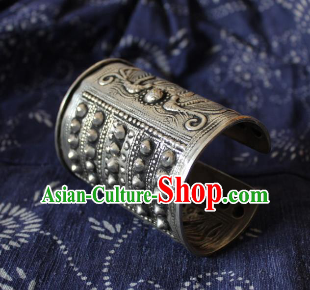 Chinese Handmade Miao Ethnic Silver Carving Wide Bangle Accessories Traditional Minority Stage Show Bracelet for Women