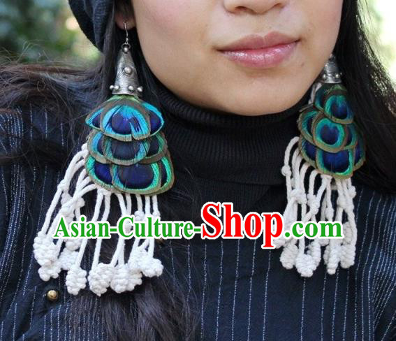 Chinese Handmade Miao Ethnic Feather Ear Accessories Traditional Minority Stage Show Earrings for Women