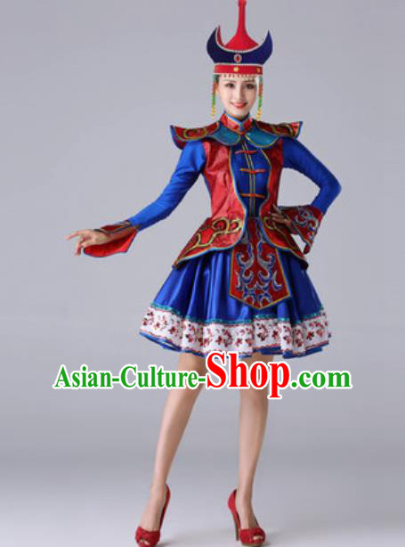 Traditional Chinese Ethnic Dance Outfits Folk Dance Royalblue Dress Mongol Nationality Stage Performance Costume for Women