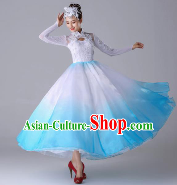 Traditional Chinese Chorus Sing Dance Outfits Classical Dance Blue Dress Opening Dance Stage Performance Costume for Women