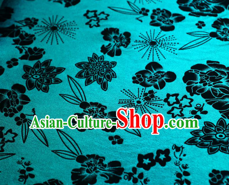 Chinese Traditional Flowers Pattern Design Lake Blue Flocking Fabric Velvet Cloth Asian Pleuche Material