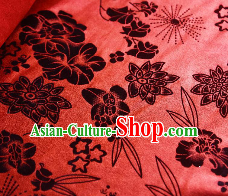 Chinese Traditional Flowers Pattern Design Red Flocking Fabric Velvet Cloth Asian Pleuche Material