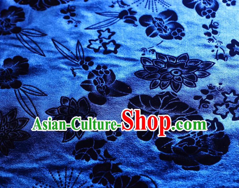 Chinese Traditional Flowers Pattern Design Royalblue Flocking Fabric Velvet Cloth Asian Pleuche Material