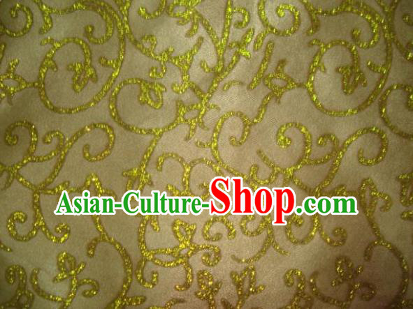 Chinese Traditional Floral Scrolls Pattern Design Yellow Satin Fabric Cloth Silk Crepe Material Asian Dress Drapery