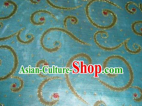 Chinese Traditional Gilding Pattern Design Light Blue Satin Fabric Cloth Silk Crepe Material Asian Dress Drapery