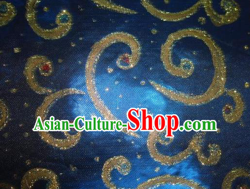 Chinese Traditional Gilding Pattern Design Deep Blue Satin Fabric Cloth Silk Crepe Material Asian Dress Drapery