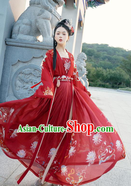 Chinese Ancient Princess Red Hanfu Dress Historical Costumes Traditional Tang Dynasty Royal Infanta Apparels Embroidered Cloak Blouse and Skirt Complete Set