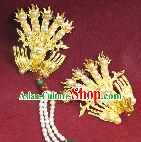 Chinese Traditional Qing Dynasty Imperial Concubine Golden Phoenix Hairpin Headwear Ancient Manchu Woman Hair Accessories Pearls Tassel Hair Clip