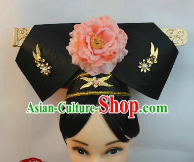 Chinese Traditional Qing Dynasty Queen Hair Accessories Drama Ancient Imperial Empress Pink Peony Satin Flag Bun Headwear