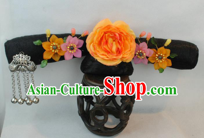 Chinese Traditional Qing Dynasty Queen Hair Accessories Drama Ancient Imperial Empress Orange Peony Flag Bun Wigs and Hairpins Headwear