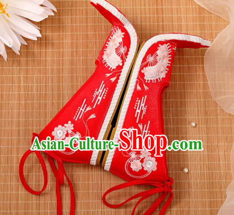 Chinese Ancient Princess Red Satin Embroidered Shoes Court Women Shoes Handmade Palace Lady Shoes Embroidery Shoes