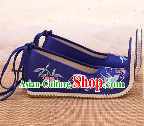 Chinese Ancient Court Women Royalblue Satin Embroidered Shoes Princess Shoes Handmade Palace Lady Shoes Embroidery Cherry Bird Shoes