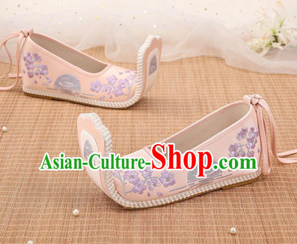 Chinese Ancient Embroidery Plum Blossom Pink Shoes Court Lady Shoes Embroidered Shoes Princess Satin Shoes Handmade Shoes