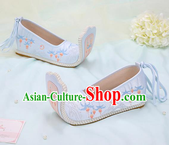 Chinese Ancient Embroidery Enkianthus Blue Shoes Traditional Court Lady Shoes Embroidered Shoes Princess Satin Shoes Handmade Hanfu Shoes