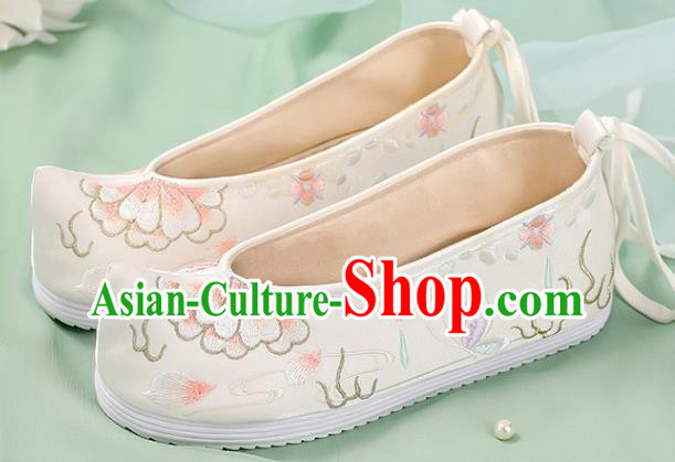 Chinese Traditional National Shoes White Cloth Shoes Embroidered Peony Shoes Hanfu Shoes Women Shoes Handmade Shoes