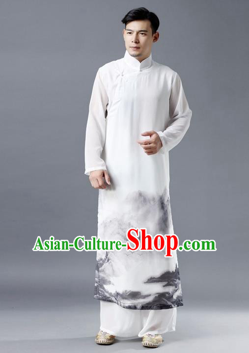 Republic of China National Ink Painting White Chiffon Robe Traditional Tang Suit Costume Comic Dialogue Long Gown for Men