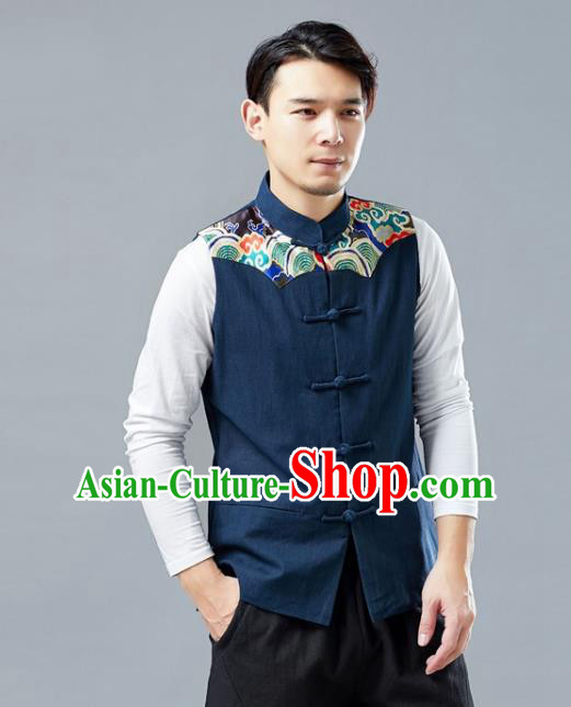 Chinese National Navy Vest Traditional Tang Suit Costume Upper Outer Garment Clothing Waistcoat for Men