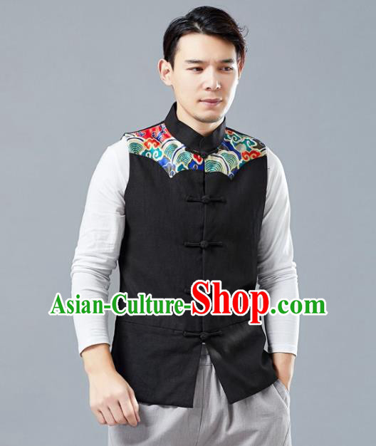 Chinese National Black Vest Traditional Tang Suit Costume Upper Outer Garment Clothing Waistcoat for Men