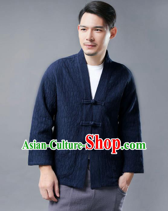 Chinese National Navy Flax Jacket Traditional Tang Suit Outer Garment Overcoat Costume Coat for Men