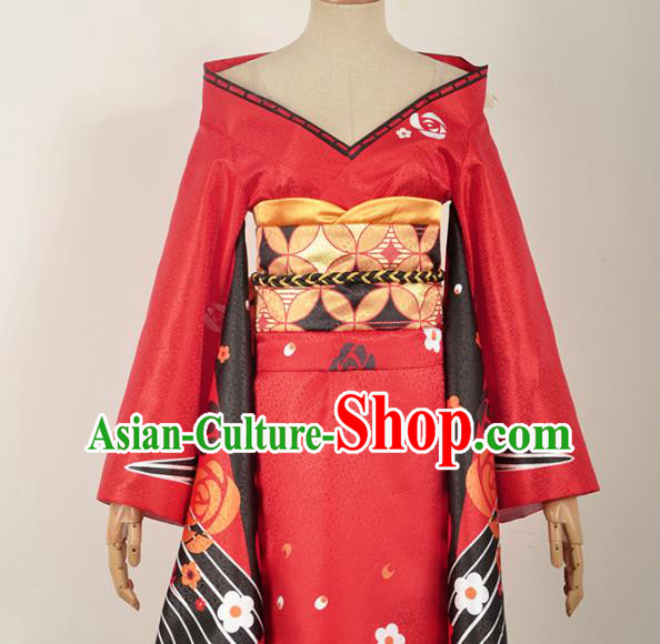 Traditional Japanese Geisha Costumes Japan Kimono Okuni Red Yukata Dress and Belt Complete Set for Women