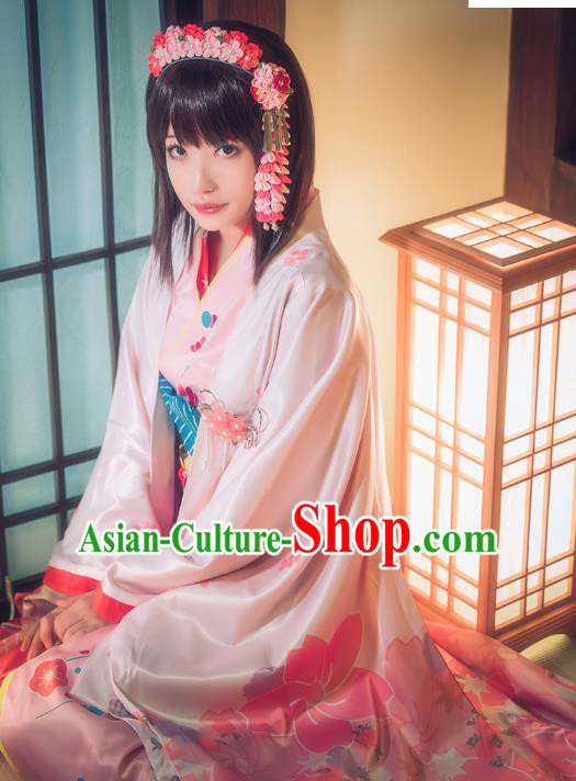 Traditional Japanese Court Costumes Japan Furisode Kimono Geisha Pink Yukata Dress and Belt Complete Set for Women