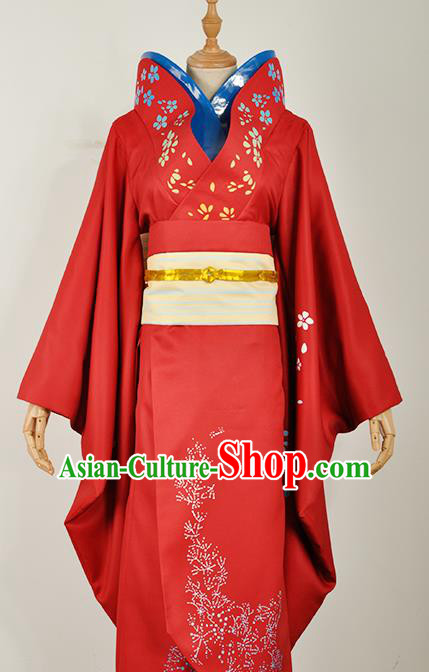 Traditional Japanese Court Wedding Costumes Japan Geisha Red Yukata Dress Furisode Kimono and Belt Complete Set for Women