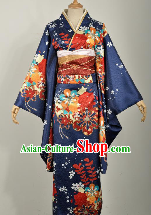 Traditional Japanese Court Silk Costumes Japan Geisha Printing Navy Yukata Dress Furisode Kimono and Belt Complete Set for Women