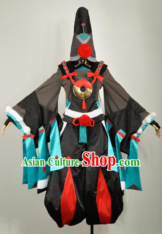 Traditional Japan Cosplay Female Swordsman Black Costumes Japanese Ancient Onmyoji Kimono Clothing and Headwear for Women