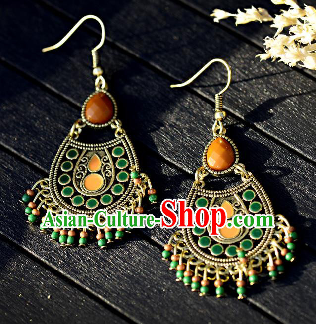 Asian India Traditional Green Tassel Eardrop Asia Indian Earrings Bollywood Dance Jewelry Accessories for Women