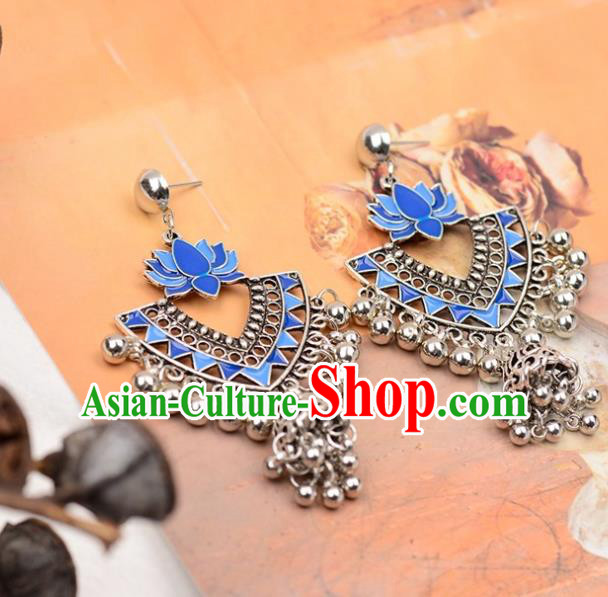 Asian India Traditional Blue Lotus Eardrop Asia Indian Earrings Bollywood Dance Jewelry Accessories for Women