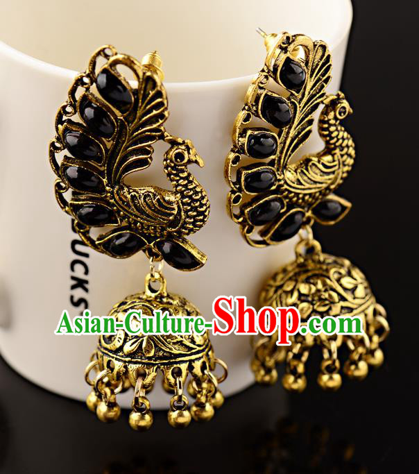 Asian India Traditional Black Gems Peacock Eardrop Asia Indian Bells Tassel Earrings Bollywood Dance Jewelry Accessories for Women
