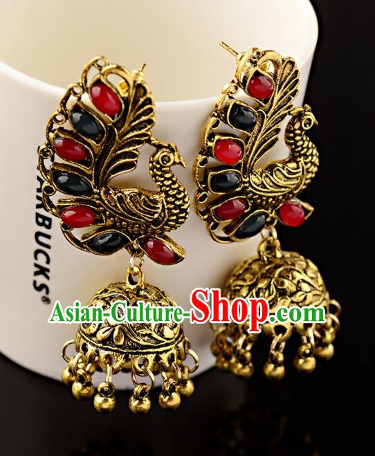 Asian India Traditional Gems Peacock Eardrop Asia Indian Bells Tassel Earrings Bollywood Dance Jewelry Accessories for Women