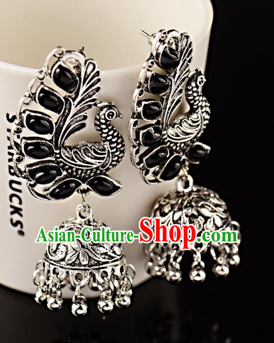 Asian India Traditional Black Gems Argent Peacock Eardrop Asia Indian Bells Tassel Earrings Bollywood Dance Jewelry Accessories for Women