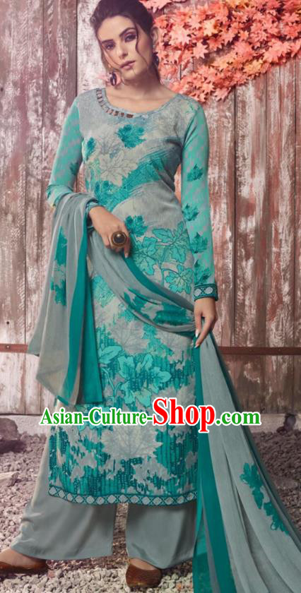 Asian India National Costumes Asia Indian Traditional Printing Leaf Gray Green Crepe Dress Sari and Loose Pants for Women