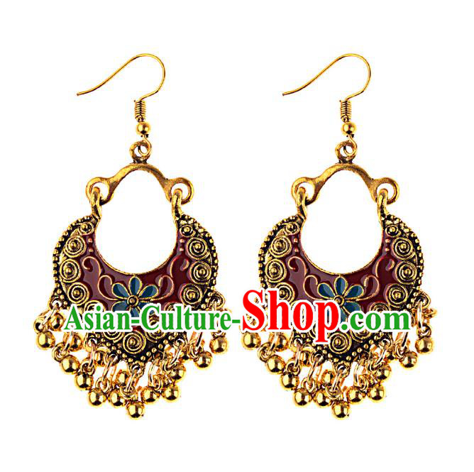 Asian India Traditional Red Eardrop Asia Indian Golden Tassel Earrings Belly Dance Jewelry Accessories for Women