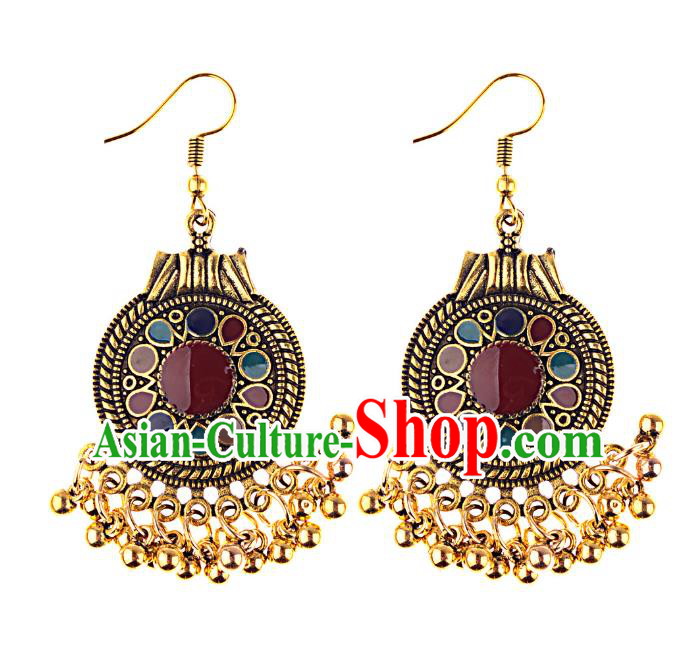 Asian India Traditional Golden Bells Tassel Eardrop Asia Indian Colorful Earrings Belly Dance Jewelry Accessories for Women