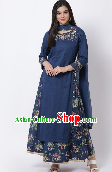 Asian India National Embroidered Costumes Asia Indian Traditional Navy Cotton Dress Sari and Loose Pants for Women