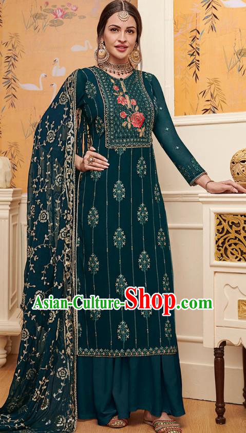 Asian India National Embroidered Punjab Costumes Asia Indian Traditional Teal Blue Faux Georgette Dress Sari and Loose Pants for Women