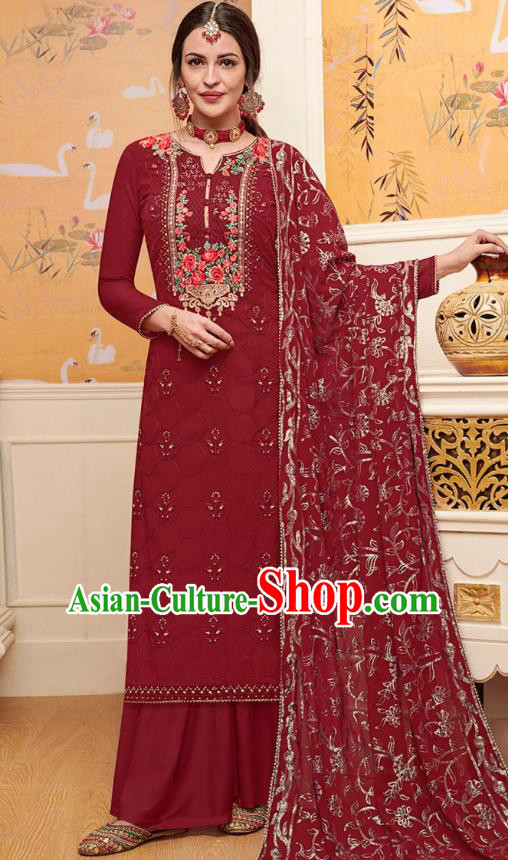 Asian India National Embroidered Punjab Costumes Asia Indian Traditional Maroon Faux Georgette Dress Sari and Loose Pants for Women