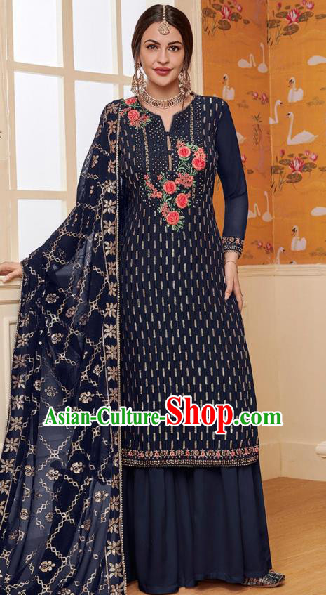 Asian India National Embroidered Punjab Costumes Asia Indian Traditional Navy Blue Faux Georgette Dress Sari and Loose Pants for Women