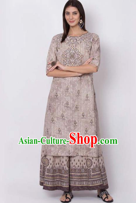 Asian India National Light Brown Long Shirt Costumes Asia Indian Traditional Printing Cotton Blouse for Women