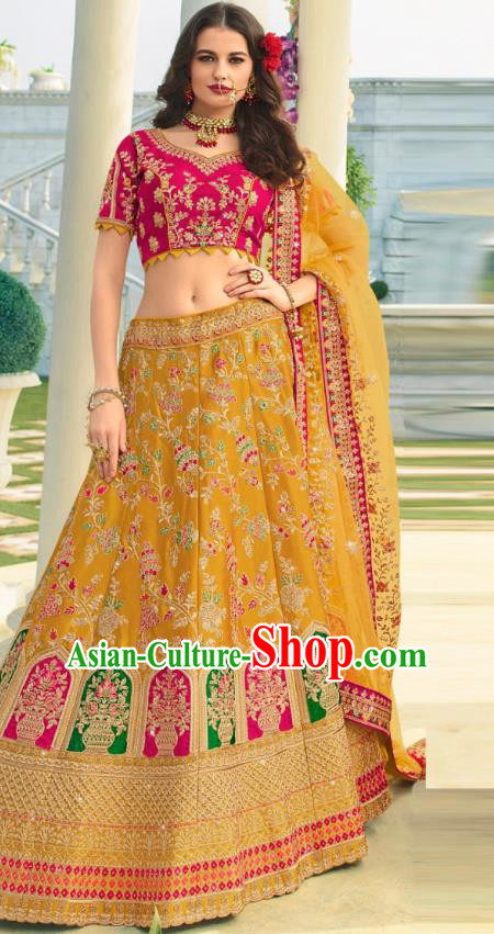 Asian India National Embroidered Lehenga Costumes Asia Indian Bride Traditional Rosy Satin Blouse and Mustard Skirt Sari for Women