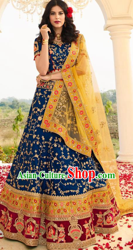 Asian India National Embroidered Lehenga Costumes Asia Indian Bride Traditional Navy Blue Satin Blouse and Skirt Sari for Women